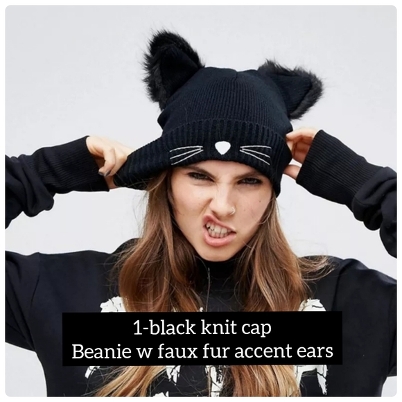 1-black beanie knit cap w embroidery cat face & faux fur accents on ears. - Picture 3 of 4